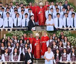 Luego de meses de preparación, los alumnos de décimo grado de Macris School recibieron el sacramento de la confirmación durante una solemne ceremonia oficiada por monseñor Simón Bolivar Sánchez en la Basílica de Nuestra Señora de Suyapa, acompañados de su familia, catequistas y autoridades escolares. Luego de meses de preparación, los alumnos de décimo grado de Macris School recibieron el sacramento de la confirmación durante una solemne ceremonia oficiada por monseñor Simón Bolivar Sánchez en la Basílica de Nuestra Señora de Suyapa, acompañados de su familia, catequistas y autoridades escolares.