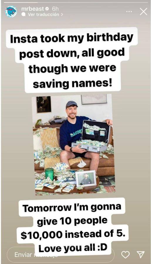 Historia publicada en Instagram de @mrbeast Historia publicada en Instagram de @mrbeast