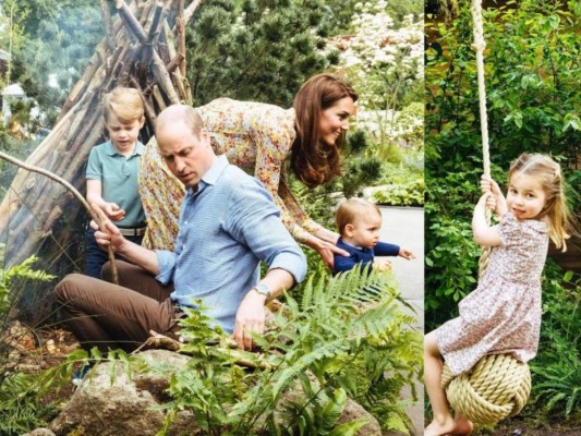 La duquesa de Cambridge, mostró las nuevas fotos de su familia jugando en un jardín en el bosque que ella diseñó para el Chelsea Flower Show de Londres. Incluye un columpio, una casa en el árbol y un arroyo con cascadas.