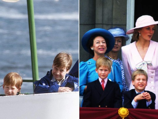 Will y Harry durante una visita a las Cataratas del Niagra junto a la princesa Diana. En la segunda imagen en el balcón de Buckingham Palace junto a miembros de la familia real.