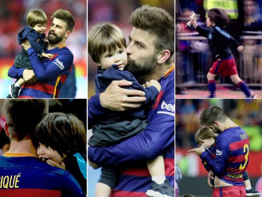 Milan y Sasha, hijos de Shakira y Gerard Piqué compartieron tiernos momentos junto a su padre en la grama del Vicente Calderón.
