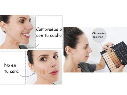 Lo correcto es probar la base sobre el cuello, no sobre el rostro y recuerda que a veces es mejor escoger una tonalidad algo más oscura, para no quedar con la cara blanca y el cuerpo moreno.