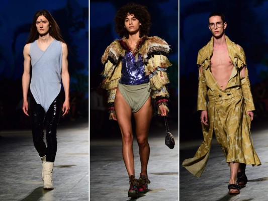 La propuesta de Westwood para la estación cálida estuvo marcada por cortes desestructurados, algunos muy pegados al cuerpo, con transparencias que dejaban ver el muslo o la ropa interior de los modelos, en un intento de romper los códigos que rigen la moda masculina. La propuesta de Westwood para la estación cálida estuvo marcada por cortes desestructurados, algunos muy pegados al cuerpo, con transparencias que dejaban ver el muslo o la ropa interior de los modelos, en un intento de romper los códigos que rigen la moda masculina.