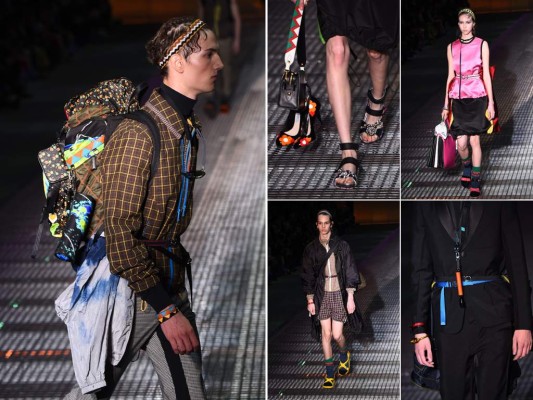 La casa Prada propuso que hombres y mujeres salieran a la pasarela con mochilas, a las cuales colgaron tacones, zapatos de ciudad y termos de acampada, combinados con impermeables de polyester fluor o plateados. La casa Prada propuso que hombres y mujeres salieran a la pasarela con mochilas, a las cuales colgaron tacones, zapatos de ciudad y termos de acampada, combinados con impermeables de polyester fluor o plateados.