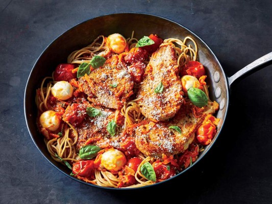 Cooking Light: Dinner Tonight: Cheesey Tomato Basil Chicken Pasta Photography: Caitlin Bensel, Food Styling: Tina Stamos, Prop Styling Heather Chadduck Hillegas