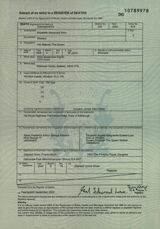 Certificado de muerte de la reina.