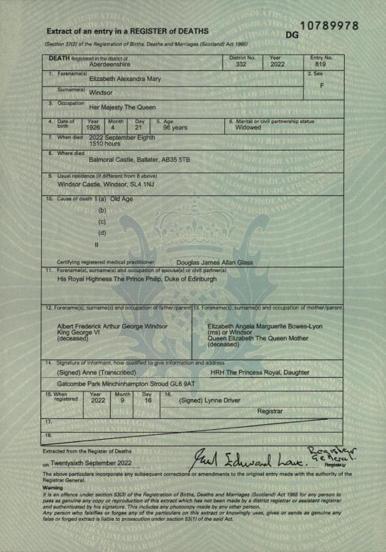 Certificado de muerte de la reina. Certificado de muerte de la reina.