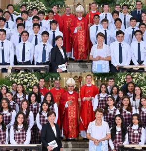 Luego de meses de preparación, los alumnos de décimo grado de Macris School recibieron el sacramento de la confirmación durante una solemne ceremonia oficiada por monseñor Simón Bolivar Sánchez en la Basílica de Nuestra Señora de Suyapa, acompañados de su familia, catequistas y autoridades escolares. Luego de meses de preparación, los alumnos de décimo grado de Macris School recibieron el sacramento de la confirmación durante una solemne ceremonia oficiada por monseñor Simón Bolivar Sánchez en la Basílica de Nuestra Señora de Suyapa, acompañados de su familia, catequistas y autoridades escolares.