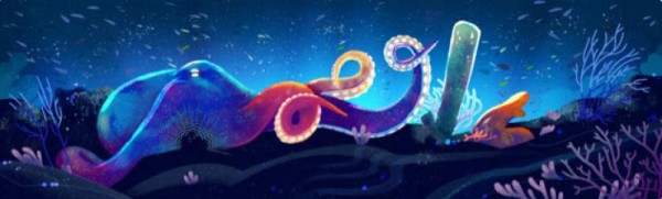 #Doodle: Un pulpo entre arrecifes en el fondo del mar