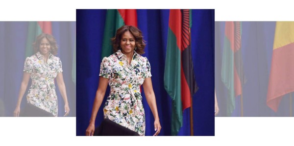 Para su discurso en el Mandela Washington Fellowship for Young African Leaders, Michelle eligió un shirtdress en print botánico de Carolina Herrera.