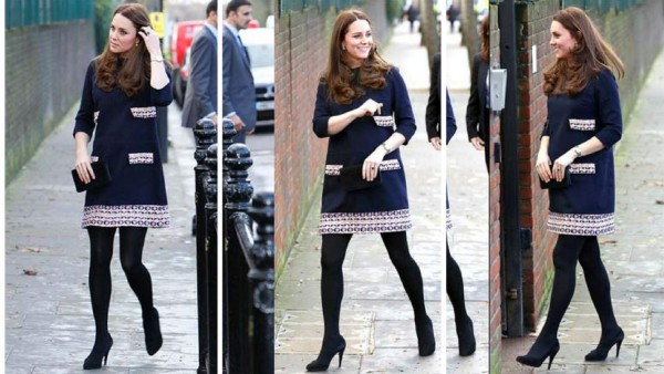 Kate lució un hermoso vestido navy de Madderson London con detalles en los bolsillos en el embarazo de Charlotte.