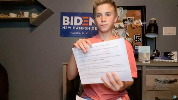 Brayden Harrington speaks by video feed about the bond he shares with Joe Biden over stuttering during the 4th and final night of the 2020 Democratic National Convention, as participants from across the country are hosted over video links from the originally planned site of the convention in Milwaukee, Wisconsin, U.S. August 20, 2020. 2020 Democratic National Convention/Pool via REUTERS Brayden Harrington speaks by video feed about the bond he shares with Joe Biden over stuttering during the 4th and final night of the 2020 Democratic National Convention, as participants from across the country are hosted over video links from the originally planned site of the convention in Milwaukee, Wisconsin, U.S. August 20, 2020. 2020 Democratic National Convention/Pool via REUTERS