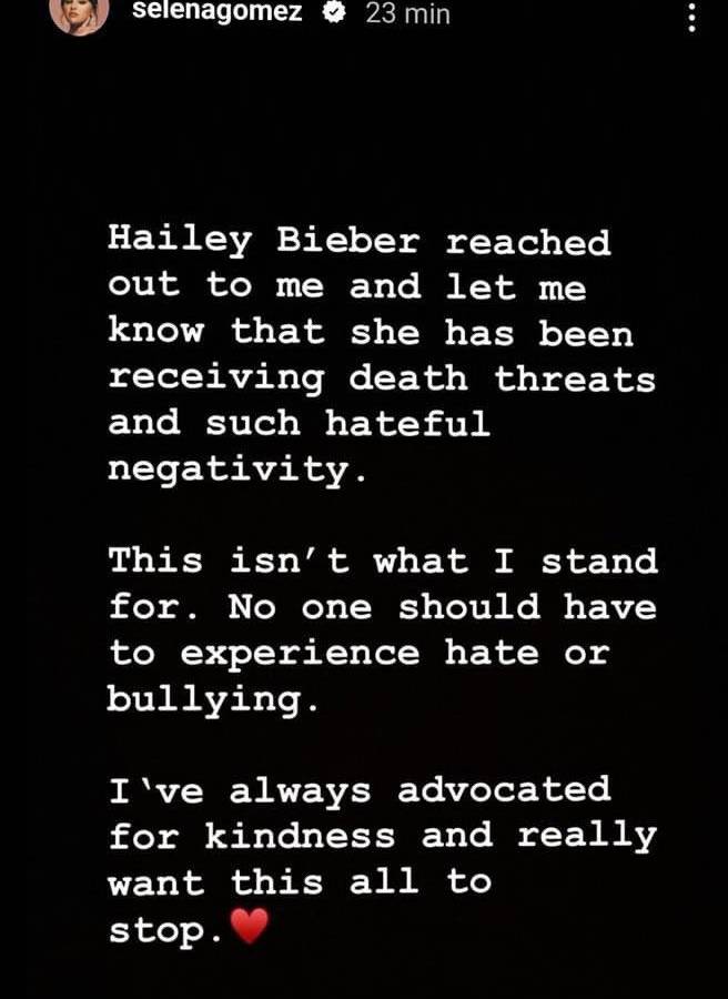Selena Gómez defiende a Hailey Bieber ante mensajes de odio