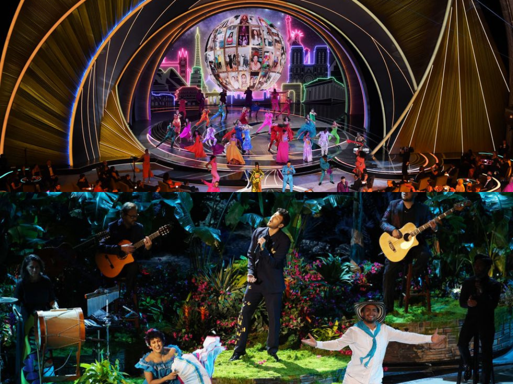 Actuación musicalLos hits que acompañaron la gala fueron ‘’We don’t talk about Bruno’’, interpretada por el cast de película Encanto, Becky G, Luis Fonsi y, para sorpresa de todos, Megan Thee Stallion, quien añadió un poco de hip hop a la interpretación.Otro éxito escuchado, también de la película Encanto, fue ‘’Dos Oruguitas’’ de Sebastián Yatra y ‘’No time to die’’ de Billie Eilish con su hermano FINNEAS.