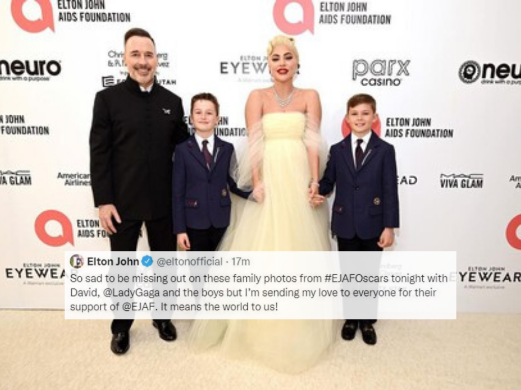 Además, el cantante de ‘’Sacrifice’’ publicó por sus redes su sentir: ‘’Es muy triste perderse estas fotos familiares de #EJAF Oscars esta noche con @DavidFurnish, @LadyGaga y los chicos’’.