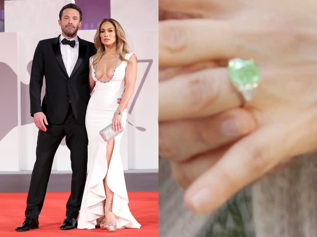 ¡El regreso de Bennifer! Meses después de su separación con A-Rod, Jennifer y Ben Affleck retomaron su relación. Con un tierno video, JLO reveló en abril de 2022 que ella y el actor se habían vuelto a comprometer. No se sabe mucho de su anillo, pero parece estar hecho de diamantes de talla cojín verde y engastado con piedras laterales de diamantes blancos.