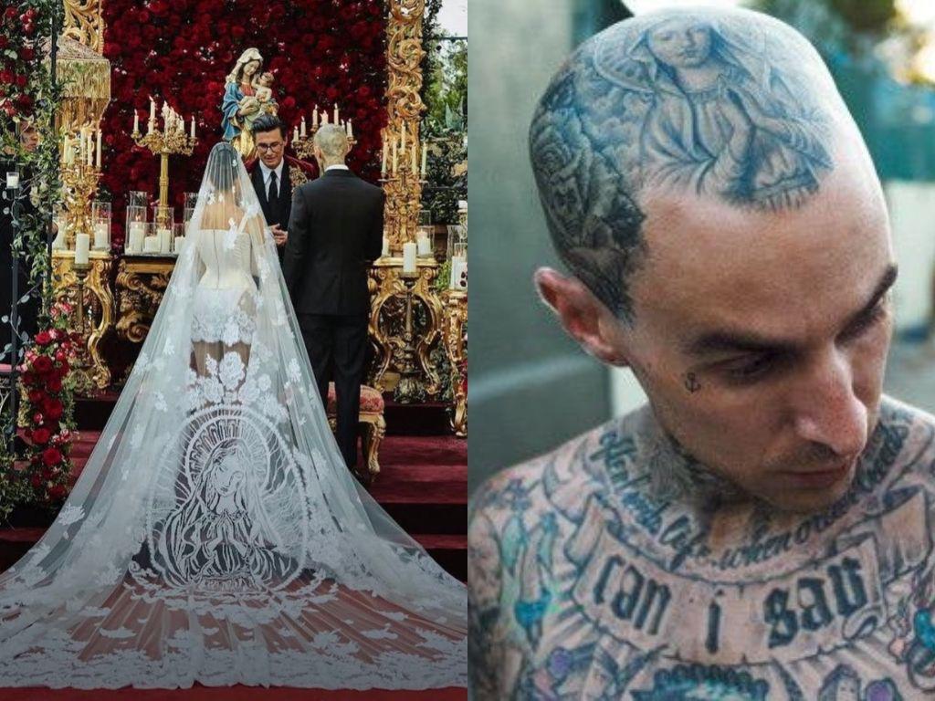 De acuerdo a diversos medios, la Virgen que la empresaria llevó en su velo estaba inspirada en un tatuaje del rapero.
