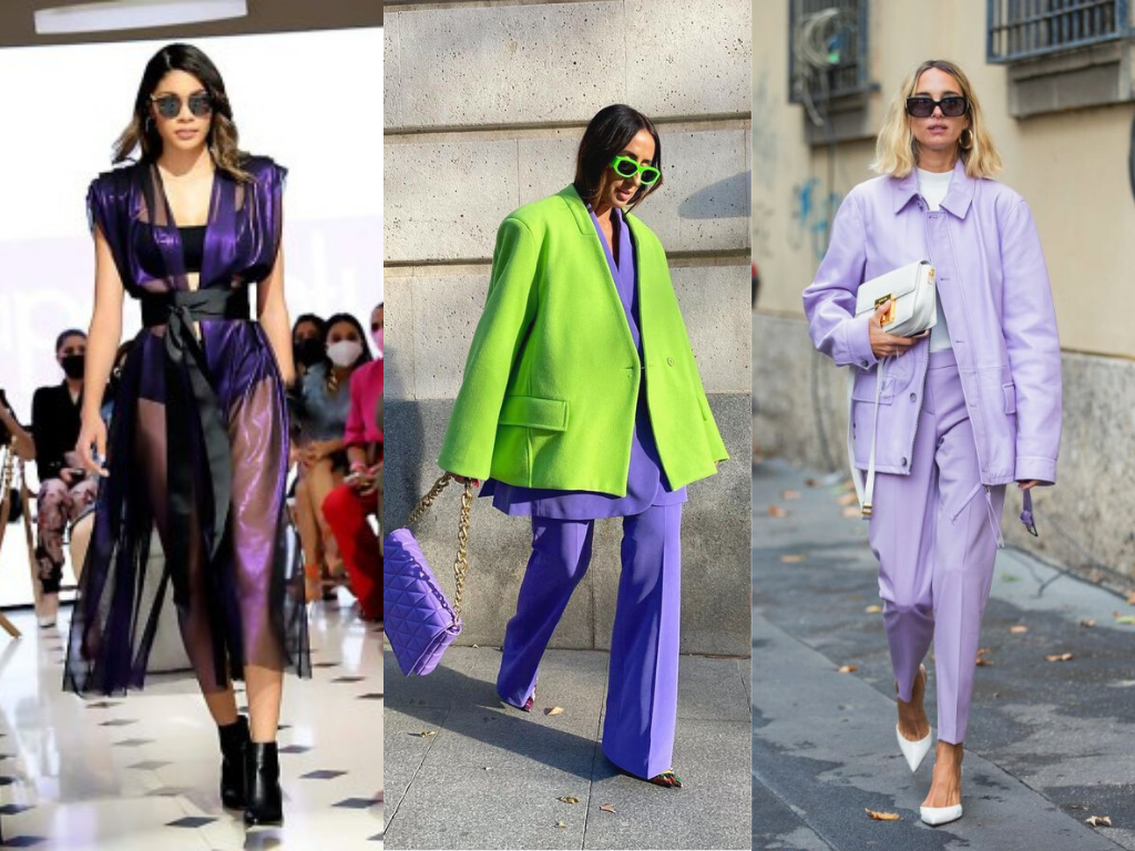 No podíamos hablar de los colores del 2022 sin mencionar el morado, y especialmente al very peri, que es la tonalidad del año. Al momento de utilizarlo debemos de tener presente que este se puede percibir de dos formas por medio de nuestro look: con el lila transmitiremos tranquilidad, mientras que con tonalidades un poco más saturadas o oscuras como el púrpura o el morado transmitiremos lujo y creatividad. 