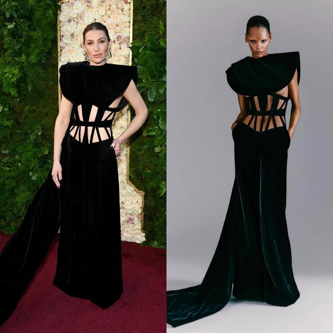 Ari Gaynor deslumbró en los Golden Globes 2025 con un elegante vestido de Ashi Studio Fall/Winter 2023 Couture, complementado con zapatos de Alexandre Birman.