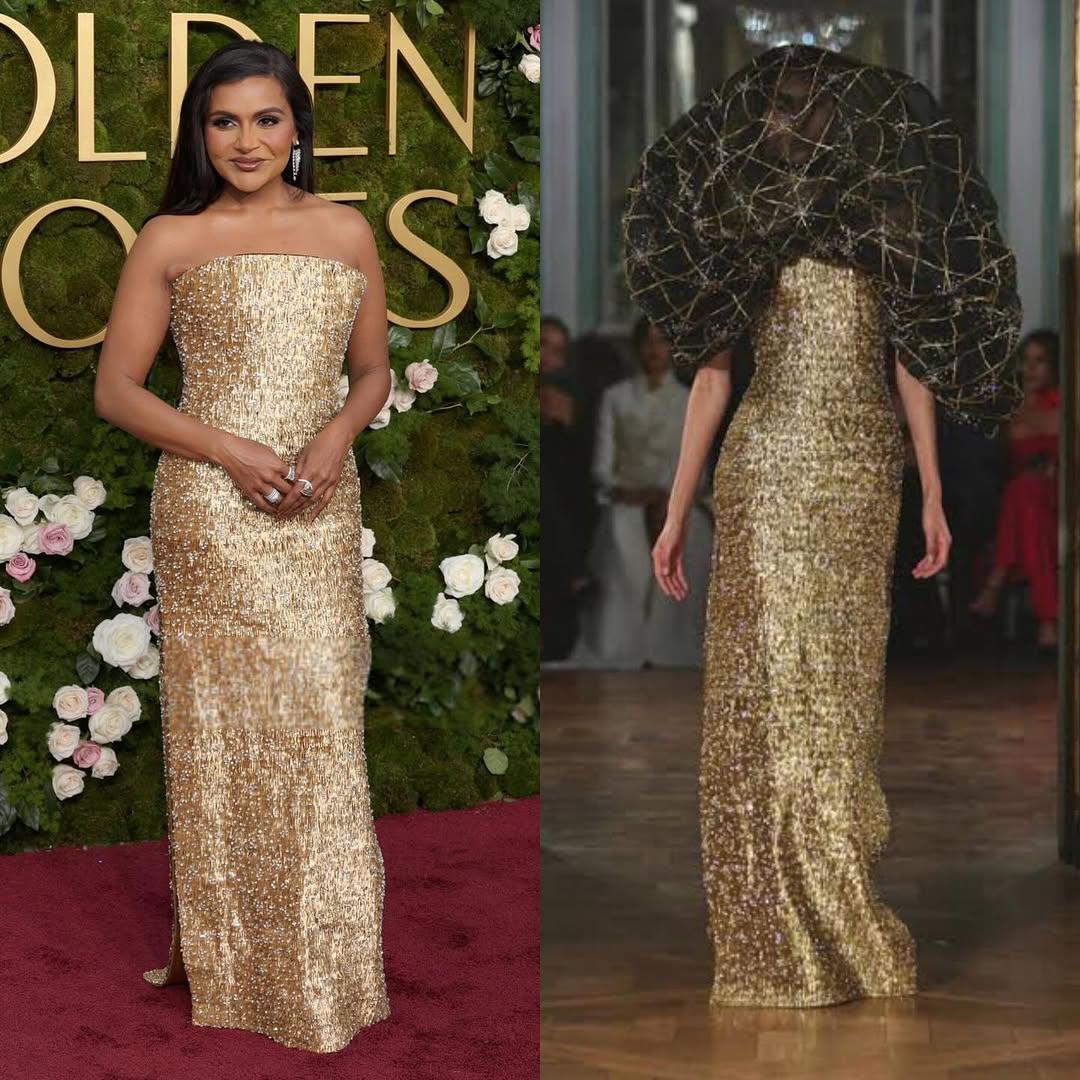 Mindy Kaling deslumbró en los Golden Globes 2025 luciendo un elegante vestido dorado de la colección Ashi Studio Spring/Summer 2024 Couture.