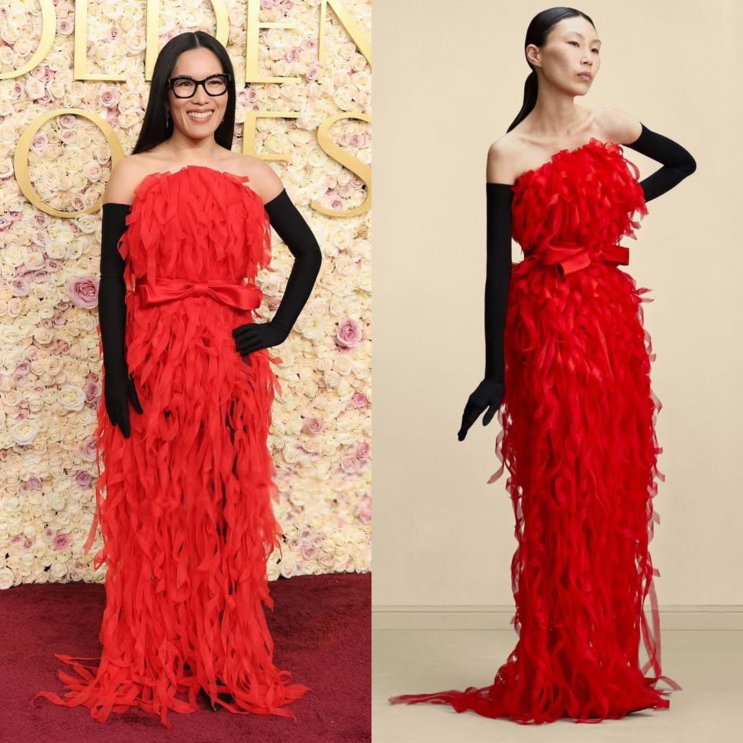 Ali Wong destacó en los Golden Globes 2025 con un impresionante vestido rojo de plumas de Balenciaga Haute Couture. 