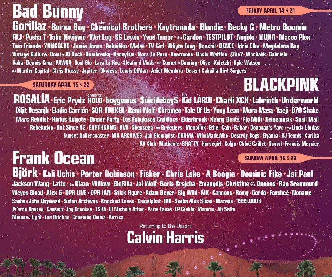 Bad Bunny, Blackpink y Frank Ocean se presentarán en el Festival de Coachella
