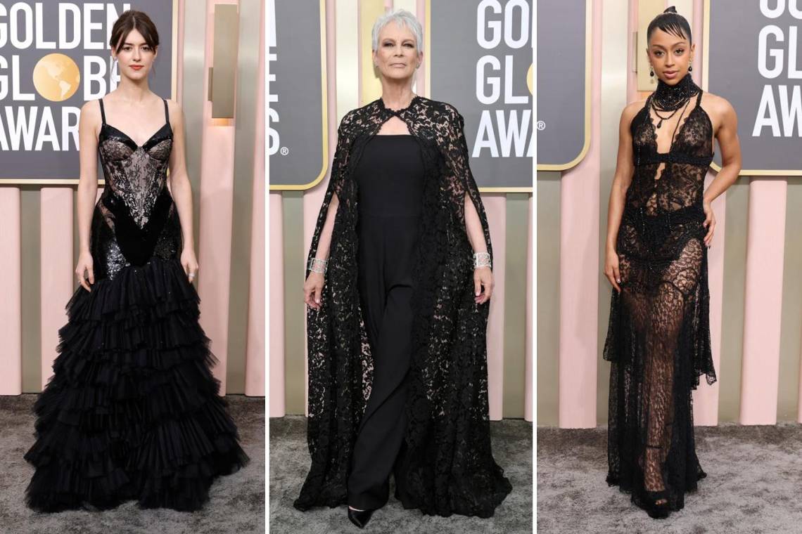 Lentejuelas, terciopelo, brocados, con faldas sobre pantalones y hasta crop tops por debajo de su saco fueron algunas tendencias que los famosos predominaron en los Golden Globes 2023. Con un vestido dramático y sexy se presento Daisy Edgar Jones by Gucci; Jamie Lee Curtis una espectacular creación de Valentino, posando para mostrar la capa de encaje negro en cada oportunidad y Liza Koshy con un seductor vestido negro de encaje.