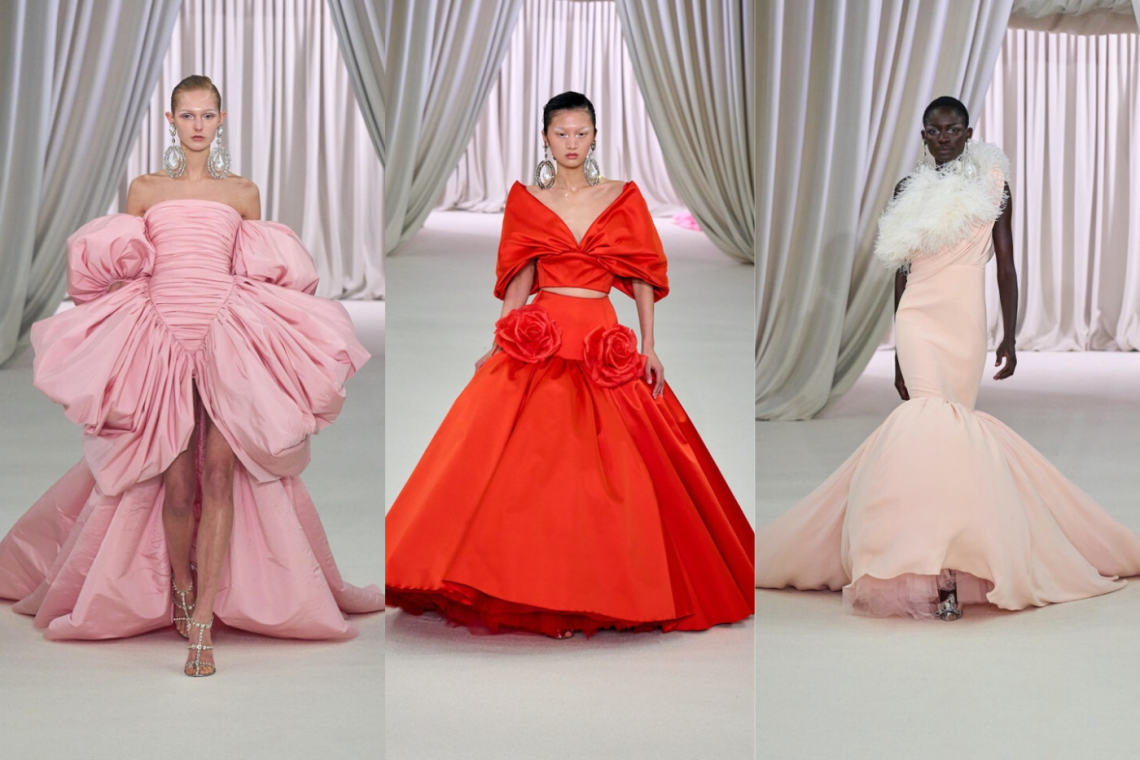 Una temática llena de elegancia y romanticismo se presenció en el desfile de alta costura de Giambattista Valli. El diseñador se inspiró en la alta sociedad de Beverly Hills y en el estilo barbiecore; los colores pastel, los tuls, las plataformas y los peinados llamativos deslumbraron en la pasarela. El italiano expresó que esta colección es exclusiva para los días de premiaciones o eventos y así celebrar el equilibrio de la feminidad, donde cualquier mujer pueda sentirse como una reina.