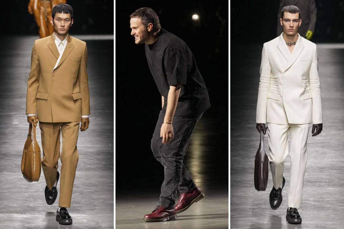 La primera colección masculina de Gucci de Sabato De Sarno hace un guiño con sofisticación y elegancia. Abrigos elegantes y fluidos con aberturas traseras extendidas, pantalones ajustados con aberturas laterales y cárdigans envolventes adornados fueron algunas piezas que se presentaron.