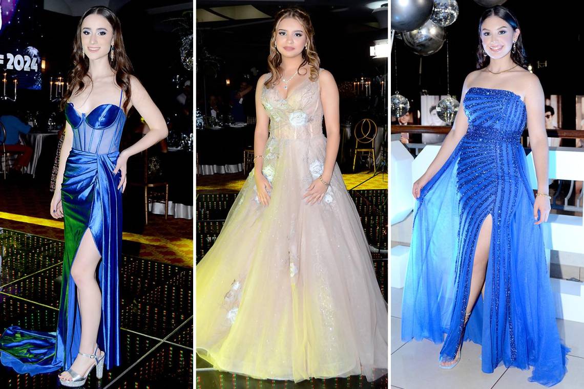 Los seniors 2024 de Discovery School brillaron al máximo durante su prom night, evento en el que predominaron los vestidos en azul royal y elegantes tuxedos. En la imagen: Monique Wilson, Waleska Mejía y Valentina Palma.