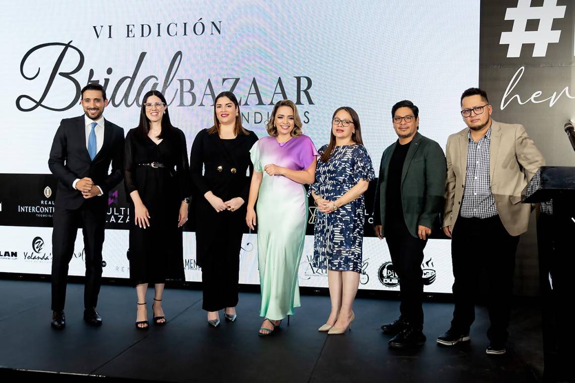 Juan Espinosa, Paola Chinchilla, Cecilia Osorto, Fabiola Matamoros, Laura Rivera, Ricardo Juárez y David Cuellar, durante el lanzamiento de la sexta edición de Bridal Bazaar Honduras, que se realizará el próximo mes de septiembre en Tegucigalpa.