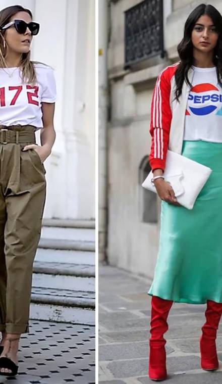 Las camisetas no solo son para looks casuales, también la puedes llevar de fiesta si le sumas una falda y un par de tacones.