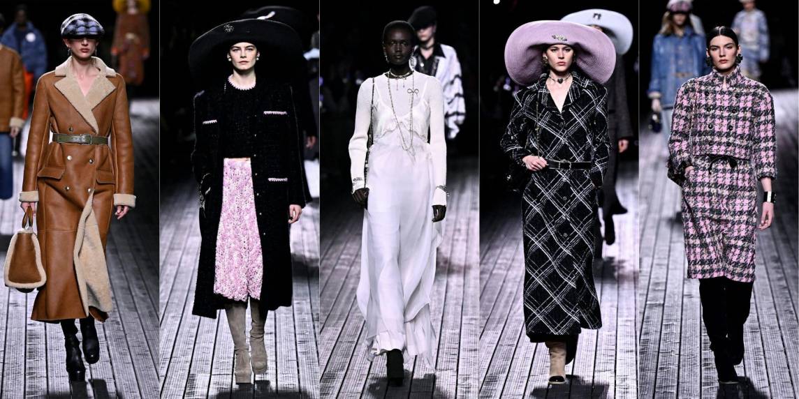 “Como un invierno aterciopelado junto al mar”, así describe Chanel su colección Otoño Invierno 2023-2024, en la que nos encontramos con grandes sombreros de playa, vestidos anchos y confortables y mucho tweed. El desfile giró en torno al tema de la escapada de fin de semana, ilustrado en pantalla grande por un diálogo en blanco y negro entre Brad Pitt y Penélope Cruz y que termina con la reserva de una habitación en un hotel.