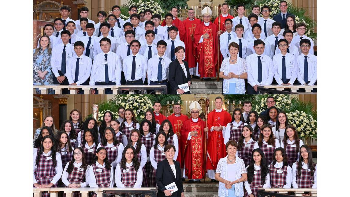 Luego de meses de preparación, los alumnos de décimo grado de Macris School recibieron el sacramento de la confirmación durante una solemne ceremonia oficiada por monseñor Simón Bolivar Sánchez en la Basílica de Nuestra Señora de Suyapa, acompañados de su familia, catequistas y autoridades escolares.