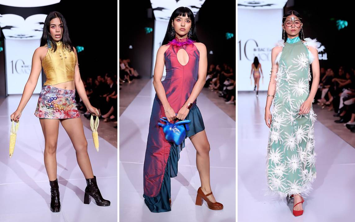 Yushi Cruz presentó “Jade Sangrante” como su colección debut en BAC Estilo Moda 2025. Cada pieza narró un viaje entre tradición y simbolismo, inspirado en los rituales mayas de entrega y transformación. Desde el corset rojo que alude a la apertura del pecho, hasta el vestido tornasol que encarna la entrega del alma, pasando por conjuntos dramáticos y ofrendas sagradas.
