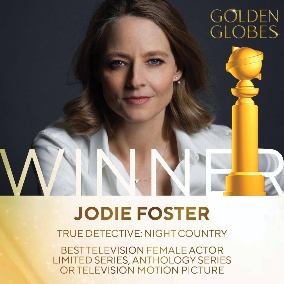 Jodie Foster recibió el premio a Mejor Actriz Femenina – Serie Limitada, Serie Antológica o Película para Televisión por su actuación en <i>True Detective: Night Country</i>. Este reconocimiento destaca su sobresaliente desempeño en la serie.
