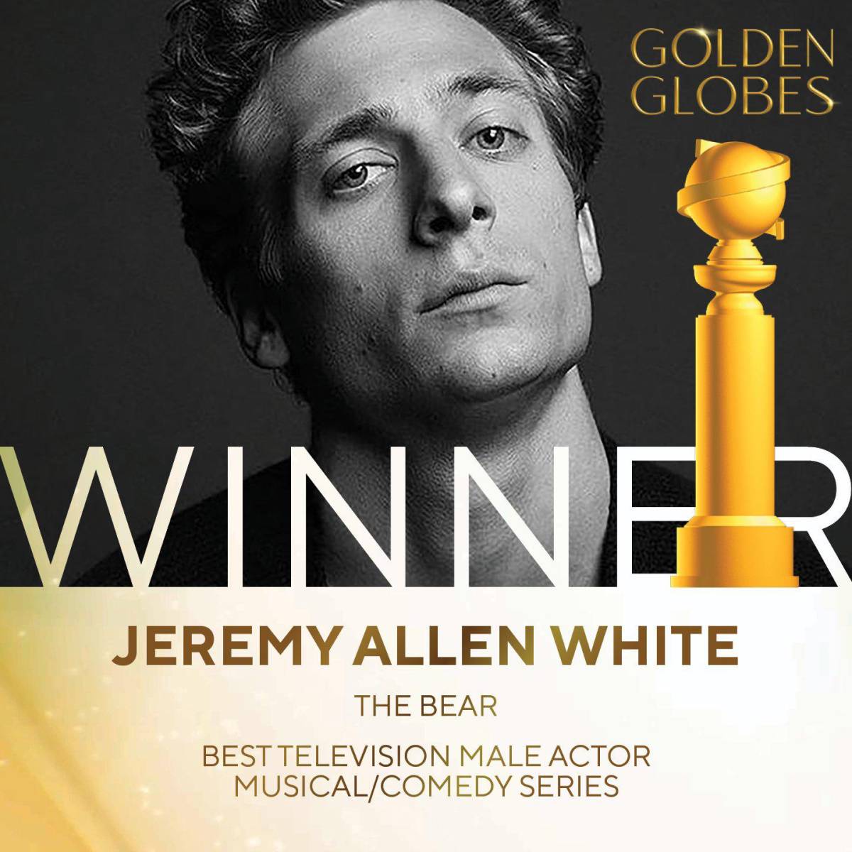 Jeremy Allen White fue reconocido como el Mejor Actor en Televisión – Serie Musical o de Comedia por su interpretación en <i>The Bear</i>. Este premio destaca su destacado desempeño en la serie.