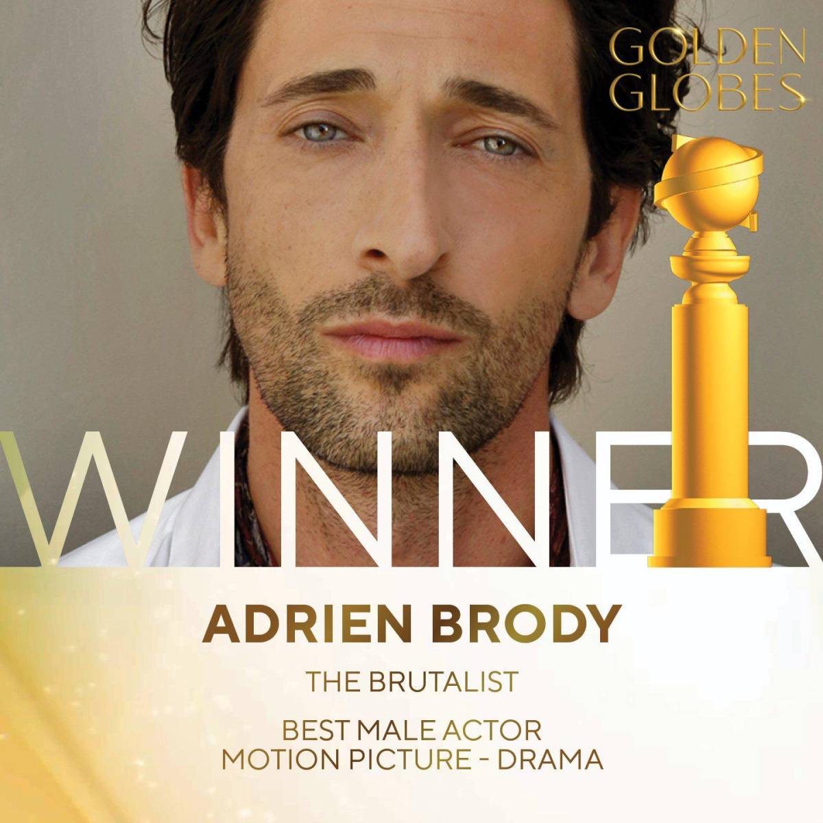 Adrien Brody fue reconocido como Mejor Actor Masculino – Película – Drama por su actuación en <i>The Brutalist</i>, destacando su impecable interpretación en el género dramático.