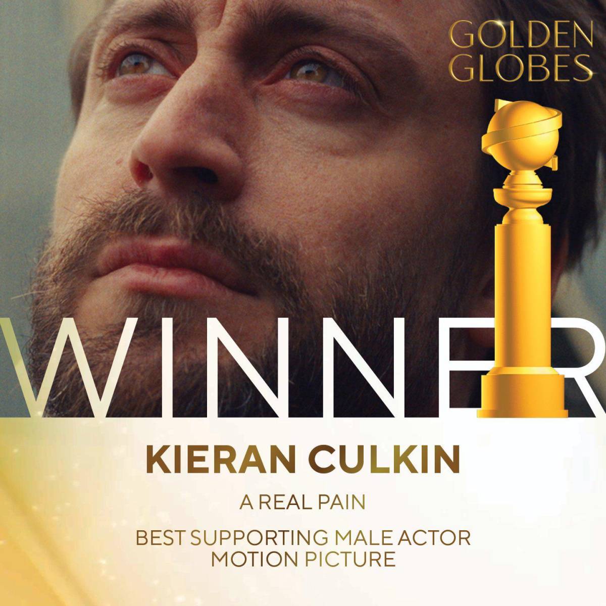 Kieran Culkin recibió el premio a Mejor Actor de Reparto en una Película – Motion Picture por su interpretación en <i>A Real Pain</i>. Este reconocimiento resalta su destacado trabajo en el cine.