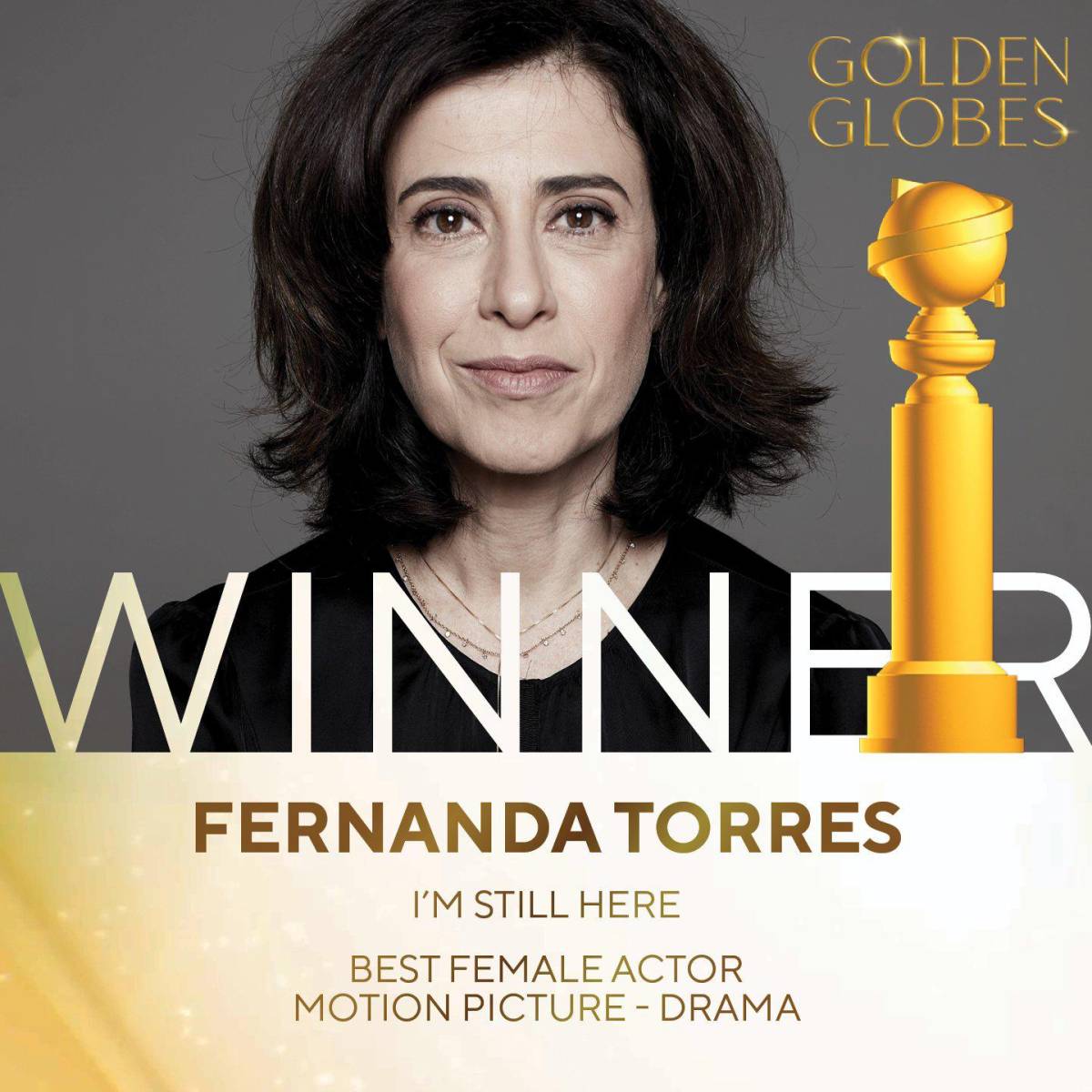 Fernanda Torres recibió el premio a Mejor Actriz Femenina – Película – Drama en los Golden Globes, destacándose por su excepcional interpretación en el género dramático.