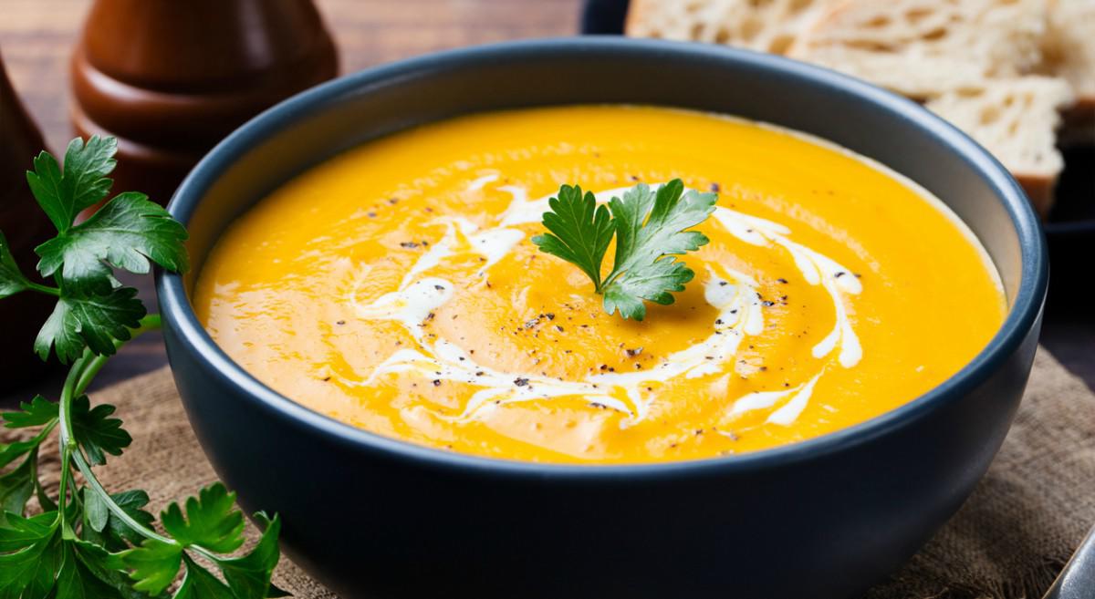 <b>Sopa de Calabaza y Zanahoria</b>Preparación: Cocina calabaza y zanahorias en caldo de verduras. Tritura y añade crema. Adereza con nuez moscada.