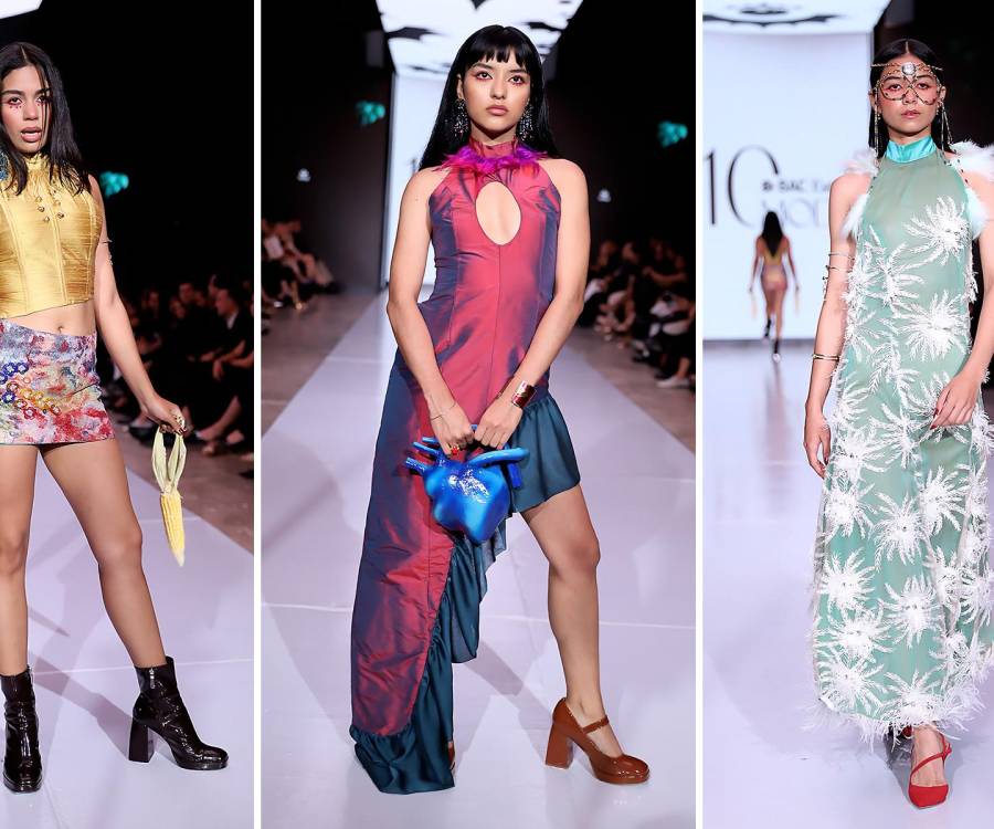 Yushi Cruz presentó “Jade Sangrante” como su colección debut en BAC Estilo Moda 2025. Cada pieza narró un viaje entre tradición y simbolismo, inspirado en los rituales mayas de entrega y transformación. Desde el corset rojo que alude a la apertura del pecho, hasta el vestido tornasol que encarna la entrega del alma, pasando por conjuntos dramáticos y ofrendas sagradas, cada look celebró la fuerza, la delicadeza y la mística de lo femenino.