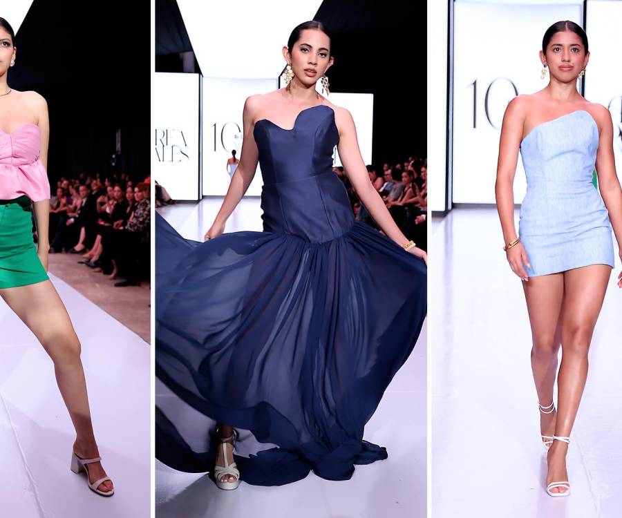 Andrea Rosales llegó a la pasarela de Bac Estilo Moda con cinco looks que juegan con la arquitectura de la prenda y la fluidez de los materiales. Desde tops masculinos y asimétricos hasta vestidos cortos y largos con varillas estratégicas, la colección combina lino, shantung, crepé y chiffon en una paleta que va del rosa al azul profundo.
