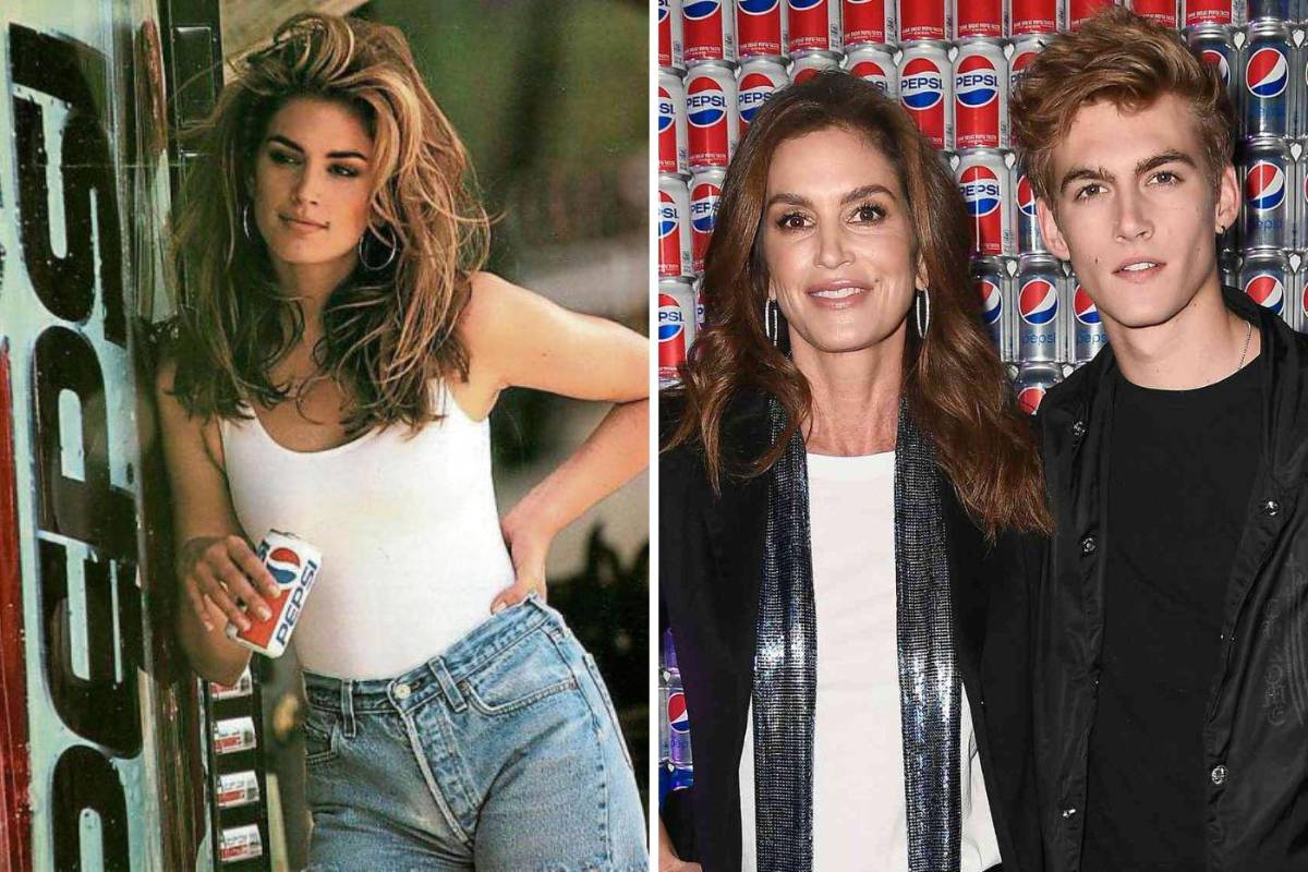 Cindy Crawford en su icónico anuncio de Pepsi de 1992; y tiempo después la supermodelo junto a su hijo Presley Gerber en un evento de la marca.