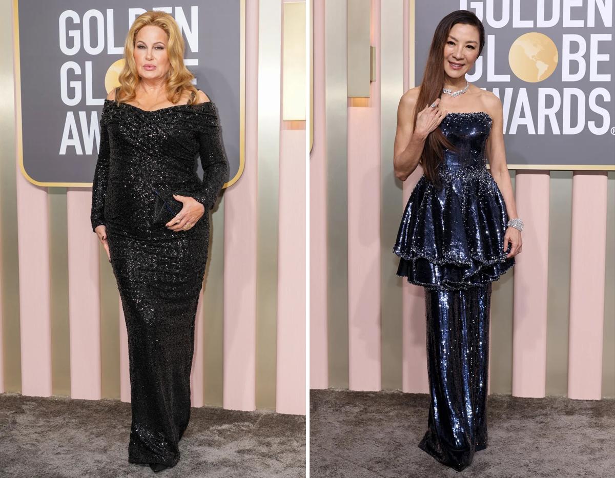 Jennifer Coolidge con un vestido negro de Dolce &amp; Gabbana y la estrella Michelle Yeoh vistió de Armani Privé con un sofisticado y llamativo vestido azul medianoche con un efecto peplum de varias capas y mucho brillo sutil. 