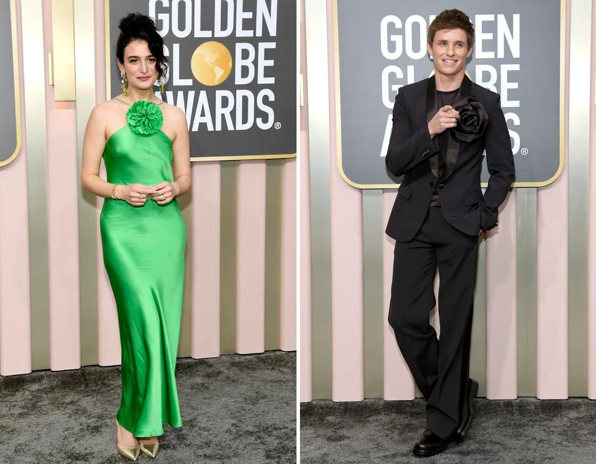 Jenny Slate, actriz de Everything Everywhere All at Once, con un vestido verde de Rodarte Primavera-Verano 2023 y Eddie Redmayne lució un Valentin, con un rosetón con pantalones y botas encharcados.