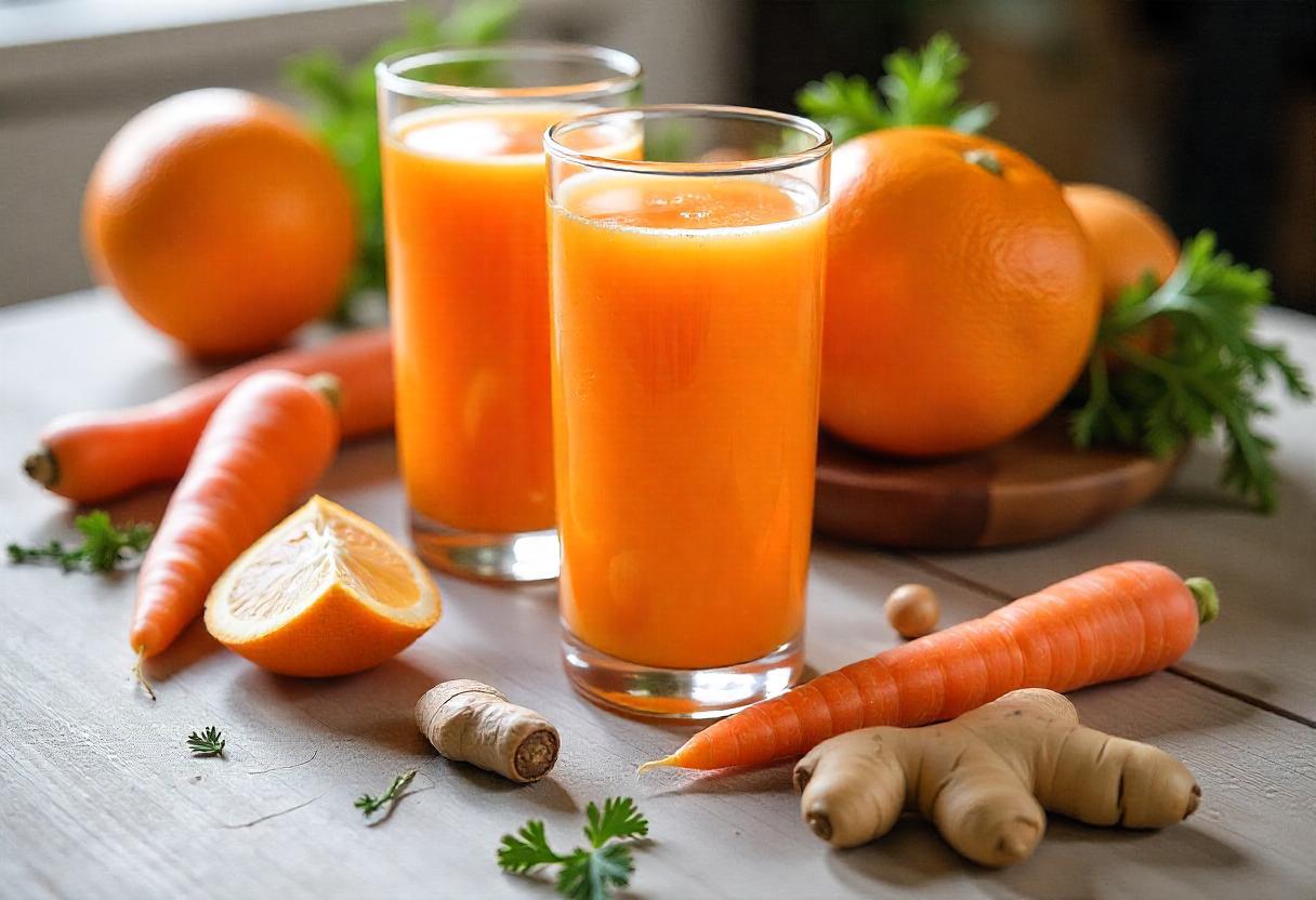 El <b> </b>jugo de zanahoria con jengibre<b>,</b> una bebida rica en nutrientes que puede marcar la diferencia en tu salud ya que es ideal para subir las defensas. Ingredientes: 2 zanahorias, 2 naranjas (jugo), 1 trozo pequeño de jengibre y ½ taza de agua. Licúa todo y sirve frío. Refrescante y lleno de vitamina C.