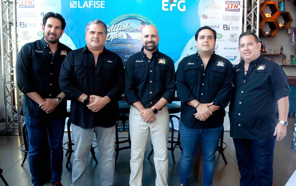 En Cervecería La 20 se realizó la conferencia de prensa para anunciar la 14ª edición del torneo de pesca Honduras International Billfish Open, que se llevará a cabo los días 5, 6 y 7 de marzo en The Marine Grill &amp; Marina, en el municipio de Omoa, Cortés. En la foto: Socios del Club de Pesca del Caribe: Mauricio Canahuati, Basilio Fuschich, Roberto Calderón, Christopher Fuschich y Geovani Chahín.