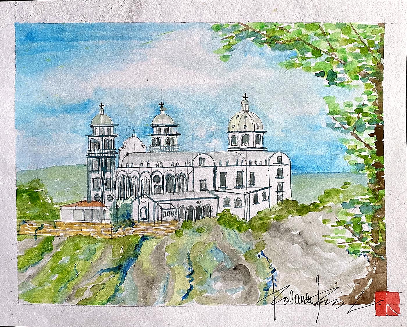 La muestra <i>Catedrales de Honduras </i>está conformada por hermosas acuarelas a cargo del arquitecto Rolando Ríos. La exhibición reúne no solo las imágenes de las 11 catedrales de Honduras sino también pinturas de iglesias de valor histórico y arquitectónico. En esta imagen, fachada de la Basílica de Nuestra Señora de Suyapa, que comenzó a construirse en 1954 y culminó en 1969. El papa Juan Pablo II ofreció en su altar una memorable misa en su única visita a Honduras en 1982.