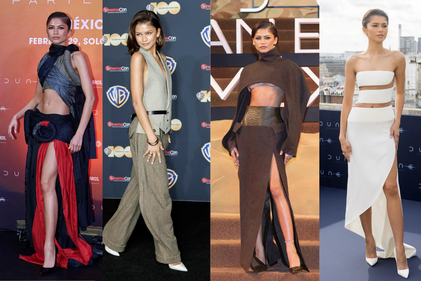 Zendaya sigue impresionando con su estilo único en la gira de prensa de Dune, destacando no solo con sus vestidos, sino también con maquillajes y peinados innovadores. Su capacidad para combinar estilos clásicos y vanguardia se refleja en cada aspecto de su apariencia, estableciendo tendencias y consolidando su posición como un ícono de estilo en la industria del entretenimiento y la moda. A continuación, te mostramos sus looks más icónicos para promocionar ‘Dune: Part 2’.